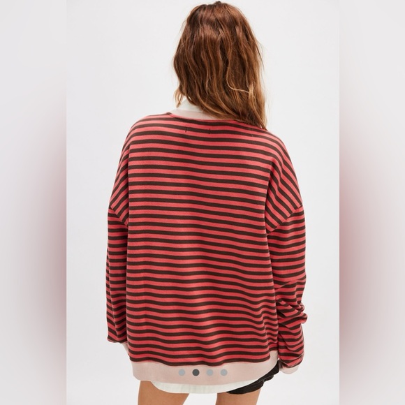 NWT FREE PEOPLE WE THE FREE Classic Striped Oversized Crewneck In Coral Combo XS - Picture 2 of 8